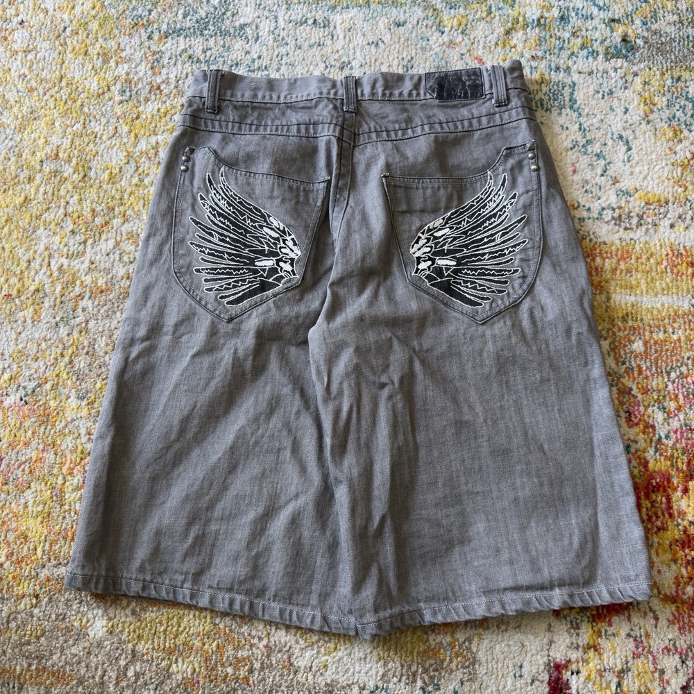MECCA APPAREL Grey Baggy Denim Shorts Wing Embroidered Y2K Skate Jorts Size 36